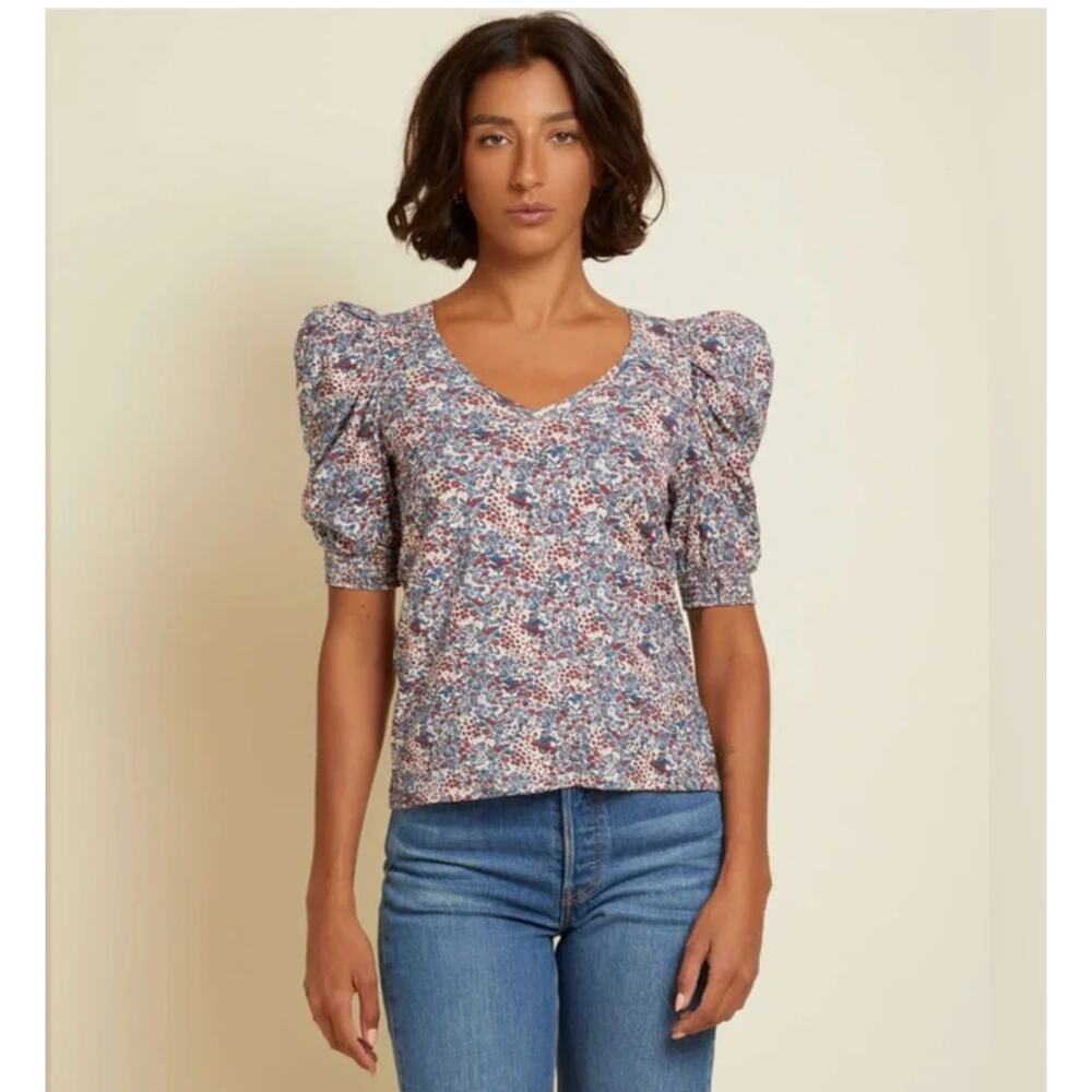 Nation LTD Celine Puff Sleeve Floral Cherry Blossom Pima Cotton Top Size XS